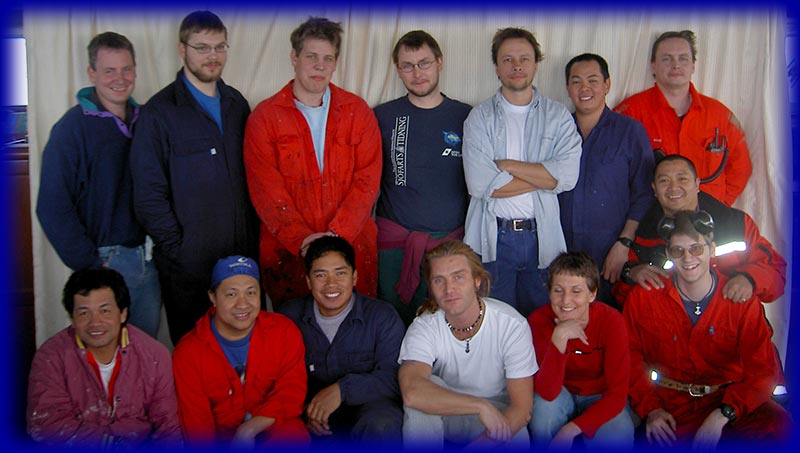 Top row: Captain Stefan Lorensson, Cadet Christian Löfstedt, Bosun Mattias Jönsson, 2nd Officer Fredrik Larsson, Chief Engineer Björn Brandone, Motorman Jonas Galang, Chief Officer Bjarne Lundel. Bottom row: AB Ramon Policarpio, 1st Engineer Rodrigo Laplana, AB Dan Castillo, Cook Morgan Eriksson, Cook's girlfriend Nina, 2nd Engineer Lars-David Bergmark. Behind 2nd Engineer 2nd Officer Ben Gamboa.